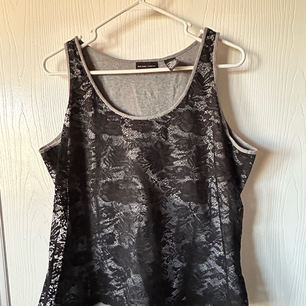 New York & Company Black Lace Overlay Tank Top